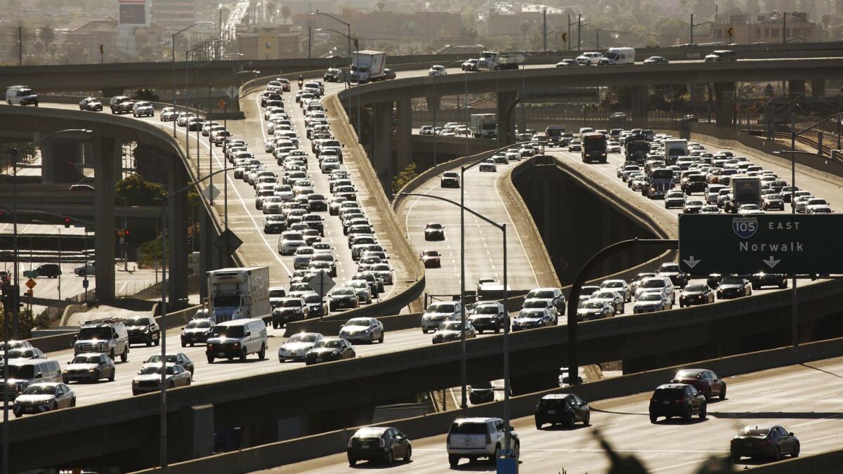 Heavy traffic on the 105 and 405 freeways in Los Angeles