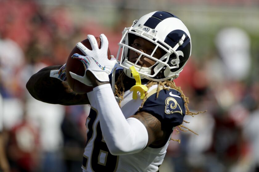 Los Angeles Rams' defensive back Marqui Christian warms up before an NFL football game against the San Francisco 49ers Sunday, Oct. 13, 2019, in Los Angeles. (AP Photo/Alex Gallardo)
