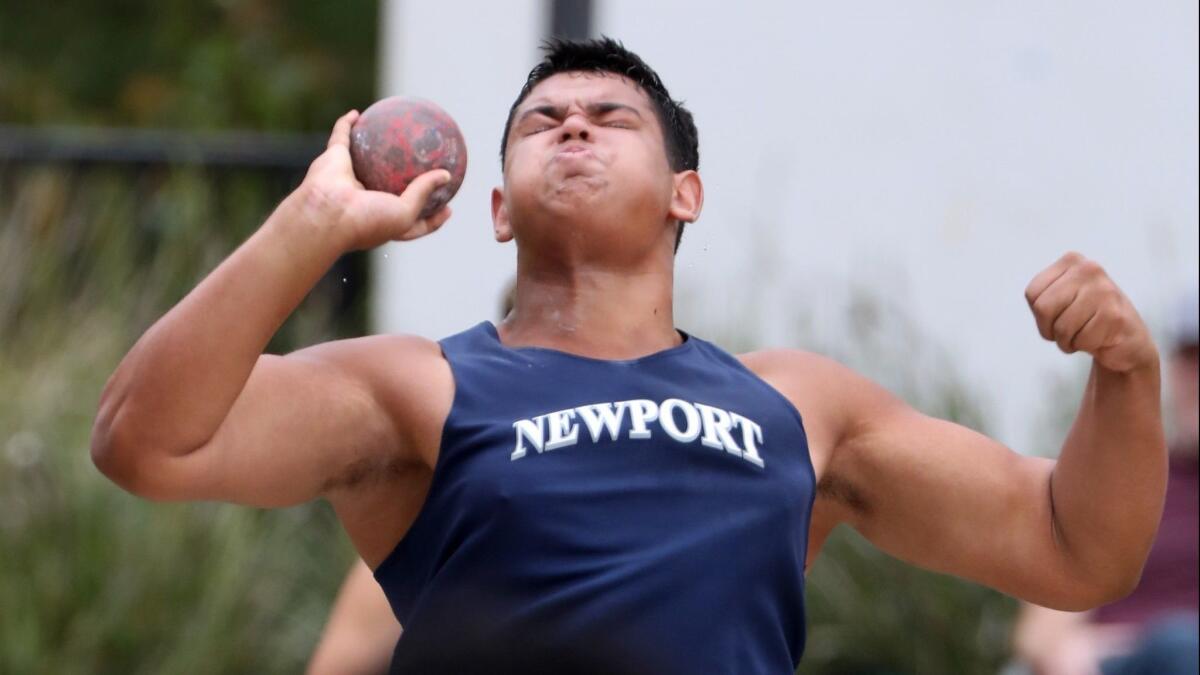 Newport Harbor High's Aidan Elbettar, pictured competing in the shotput on May 19, 2018, recorded a discus throw of 197 feet, four inches Wednesday.