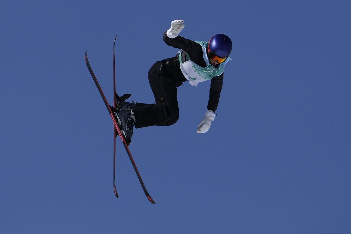 Eileen Gu of China competes during the women's freestyle skiing Big Air qualification round of the 2022 Winter Olympics, Monday, Feb. 7, 2022, in Beijing. (AP Photo/Jae C. Hong)
