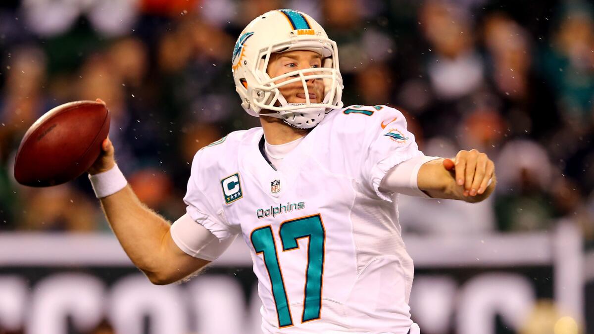 Miami Dolphins quarterback Ryan Tannehill passes during the first quarter of a 16-13 victory over the New York Jets on Monday night.