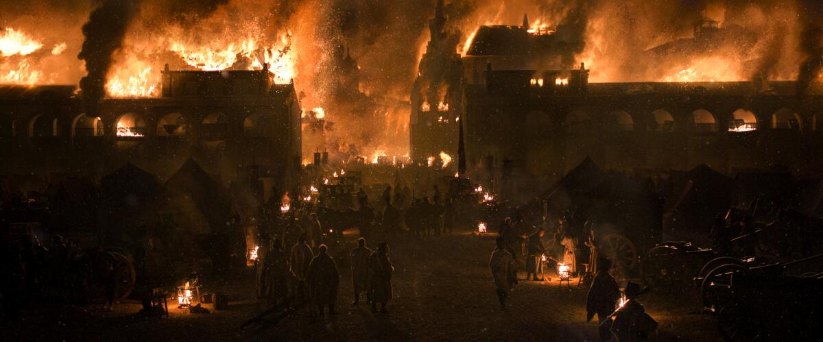 A scene from "Napoleon," in which an abandoned Moscow burns.