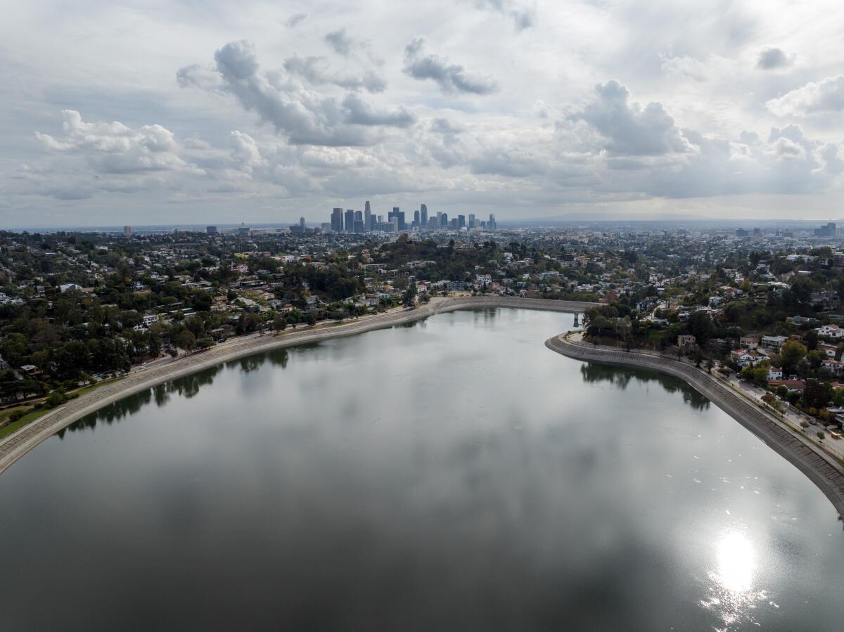 Clouds move into Los Angeles in December, as seen from the Silver Lake Reservoir.