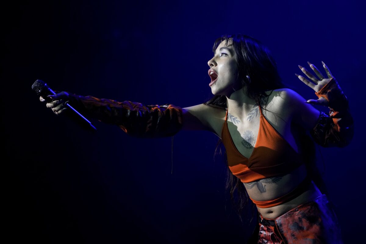 Argentine singer Maria Becerra performs in Buenos Aires, Argentina, Sunday, Oct. 24, 2021. (AP Photo/Natacha Pisarenko)