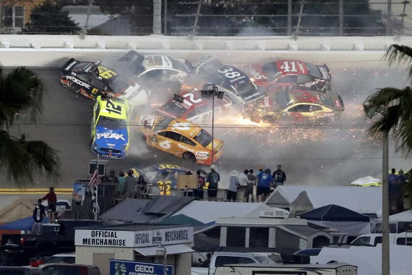 Multiple cars crash during a NASCAR Daytona 500 auto race on Feb. 17, 2019, at Daytona International Speedway in Daytona Beach, Fla. The crash included Austin Dillon (3), Daniel Suarez (41), David Ragan (38), Paul Menard (21), Ryan Newman (6), Aric Almirola (10), Matt DiBenedetto (95) and Ryan Blaney (12). (AP Photo/Chris O'Meara)