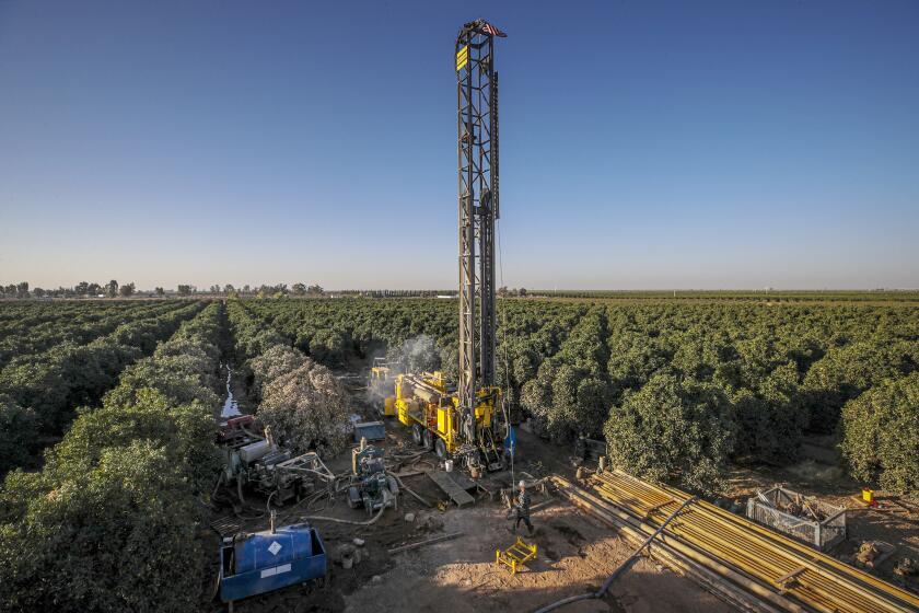 Terra Bella, CA - October 14: Matt Davis's company drills a 1300 feet deep well in an orchard at Setton Farms on Thursday, Oct. 14, 2021 in Terra Bella, CA. (Irfan Khan / Los Angeles Times)