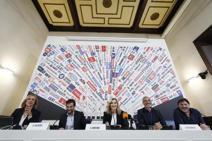 From left, Italian Foreign Press Association's member Costanze Reuscher hosts a press conference at the Association headquarters in Rome, Monday, May 6, 2024, with Italian state television RAI's journalists, Daniele Macheda, Serena Bortone, Vittorio di Trapani, and Sigfrido Ranucci. Journalists at Italy’s state-run RAI went on strike Monday to protest budget streamlining and what they said was an increasingly repressive atmosphere in Italy for media under the government of Premier Giorgia Meloni. (Cecilia Fabiano /LaPresse via AP)