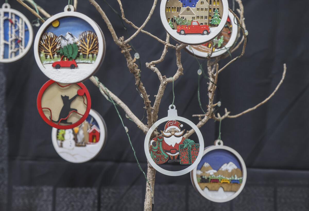 Tree ornaments made by members of the San Diego Fine Woodworkers Association workshop.