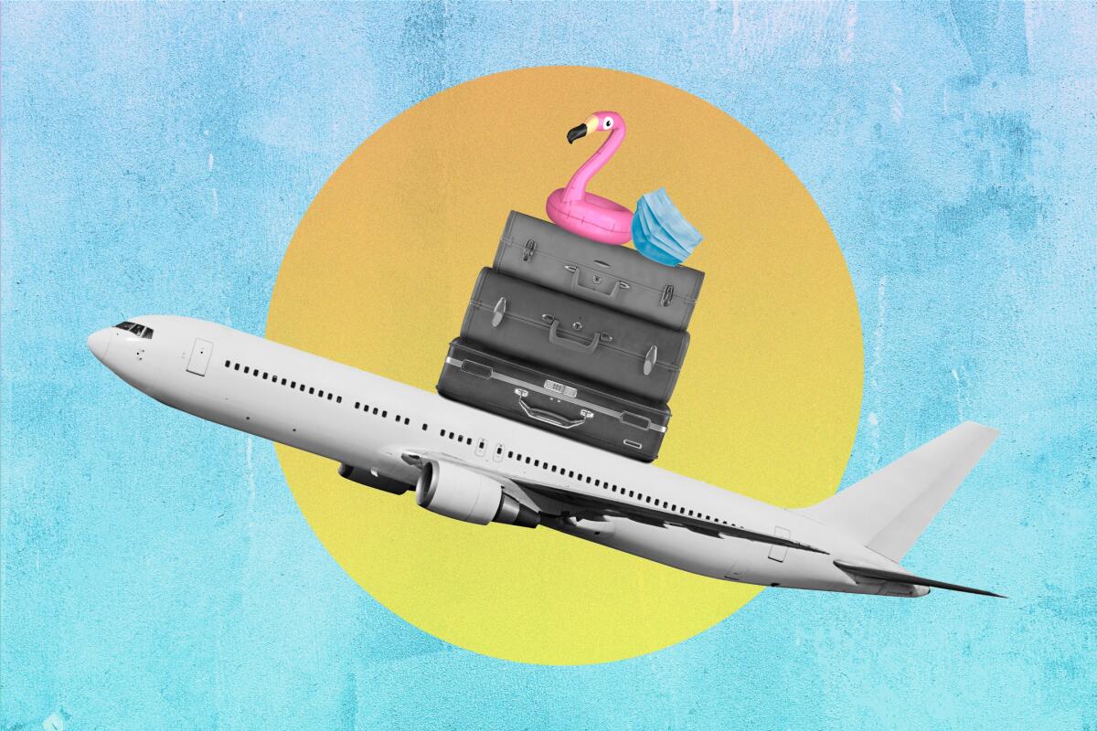 Illustration of a jet piled with suitcases, a flamingo pool float and a protective mask. 