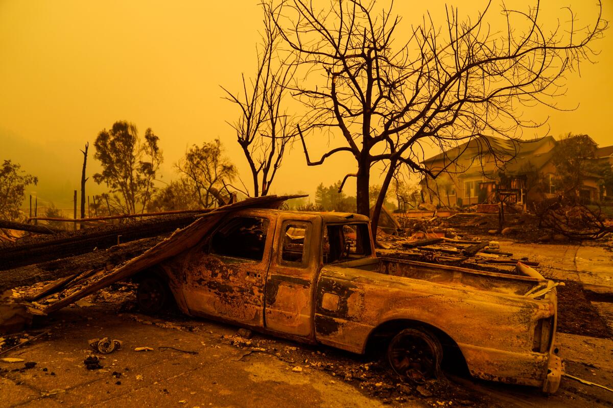 Burnt out homes and structures in the Skyhawk community, where the Shady fire tore through in Santa Rosa.