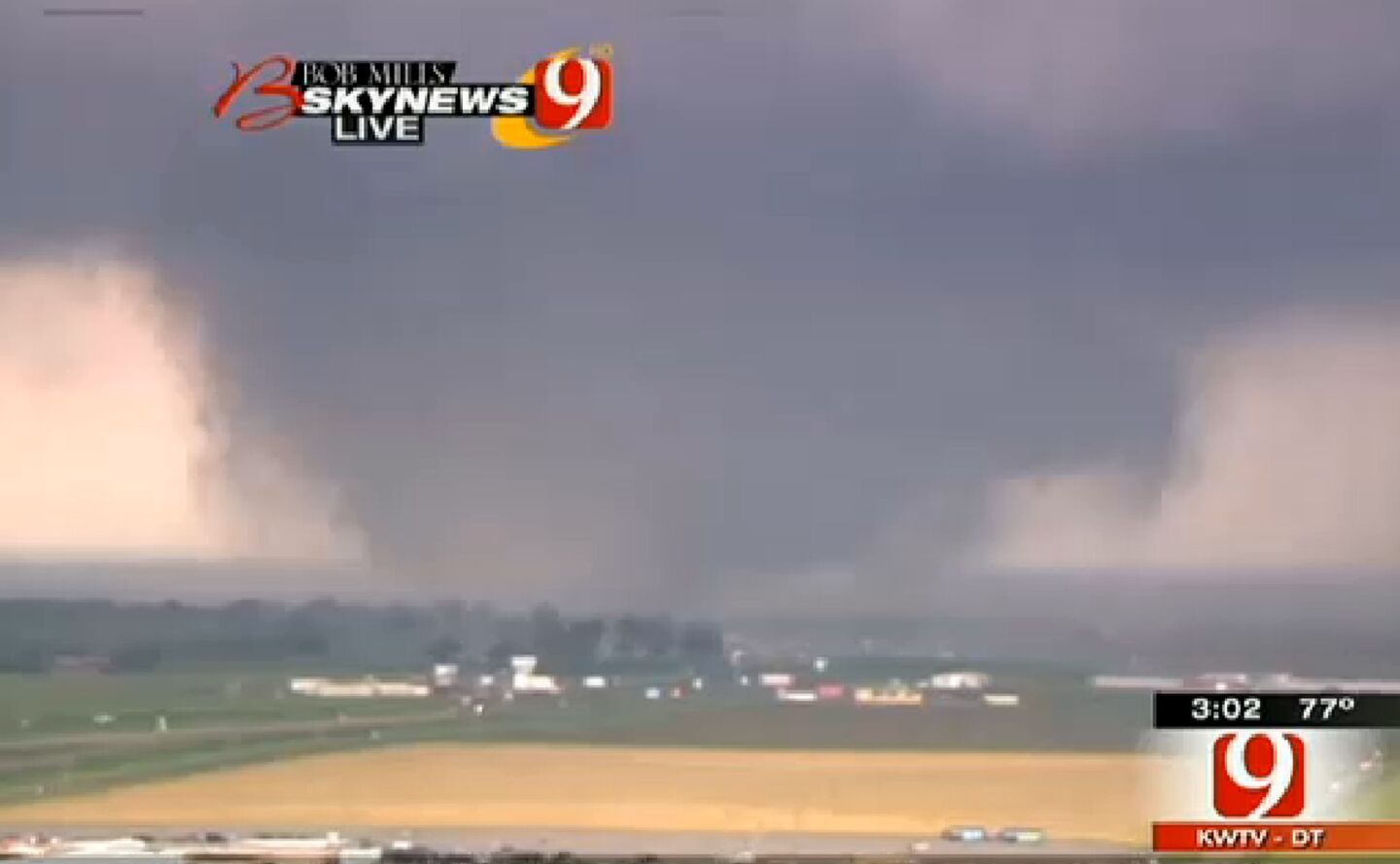 This frame grab provided by KWTV shows a tornado in Oklahoma City. Video shows flattened buildings and fires after a mile-wide tornado moved through the Oklahoma City area.