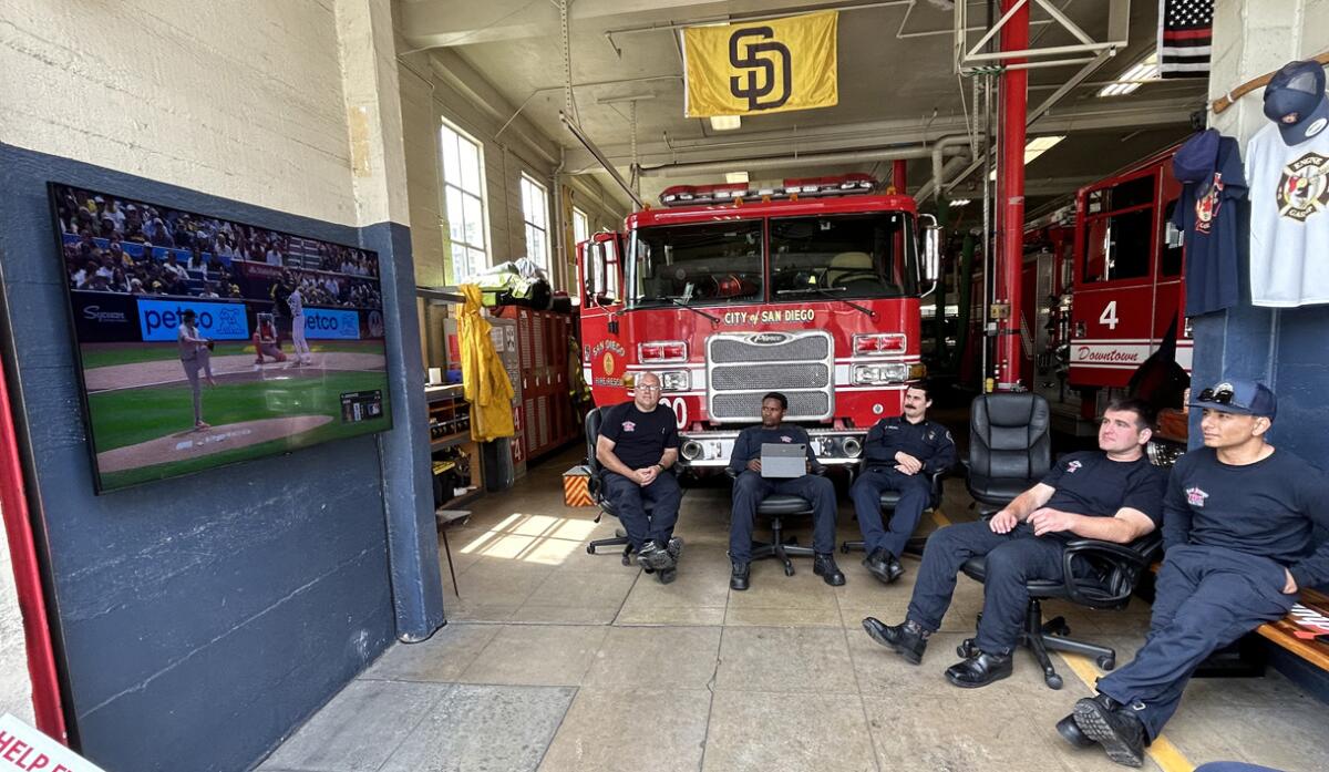 The guys at Fire Station 4 enjoy a little down time to watch the Padres play the Giants.