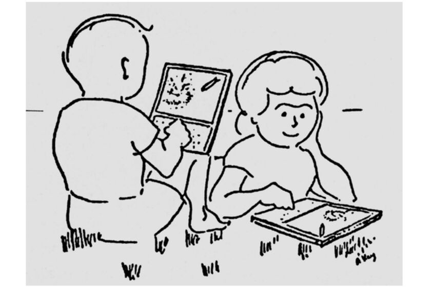 PARC Scientist Alan Kay's sketch from a 1972 paper of children playing with the "Dynabook"; its concept led to the personal computer and its form factor prefigured today's laptops.
