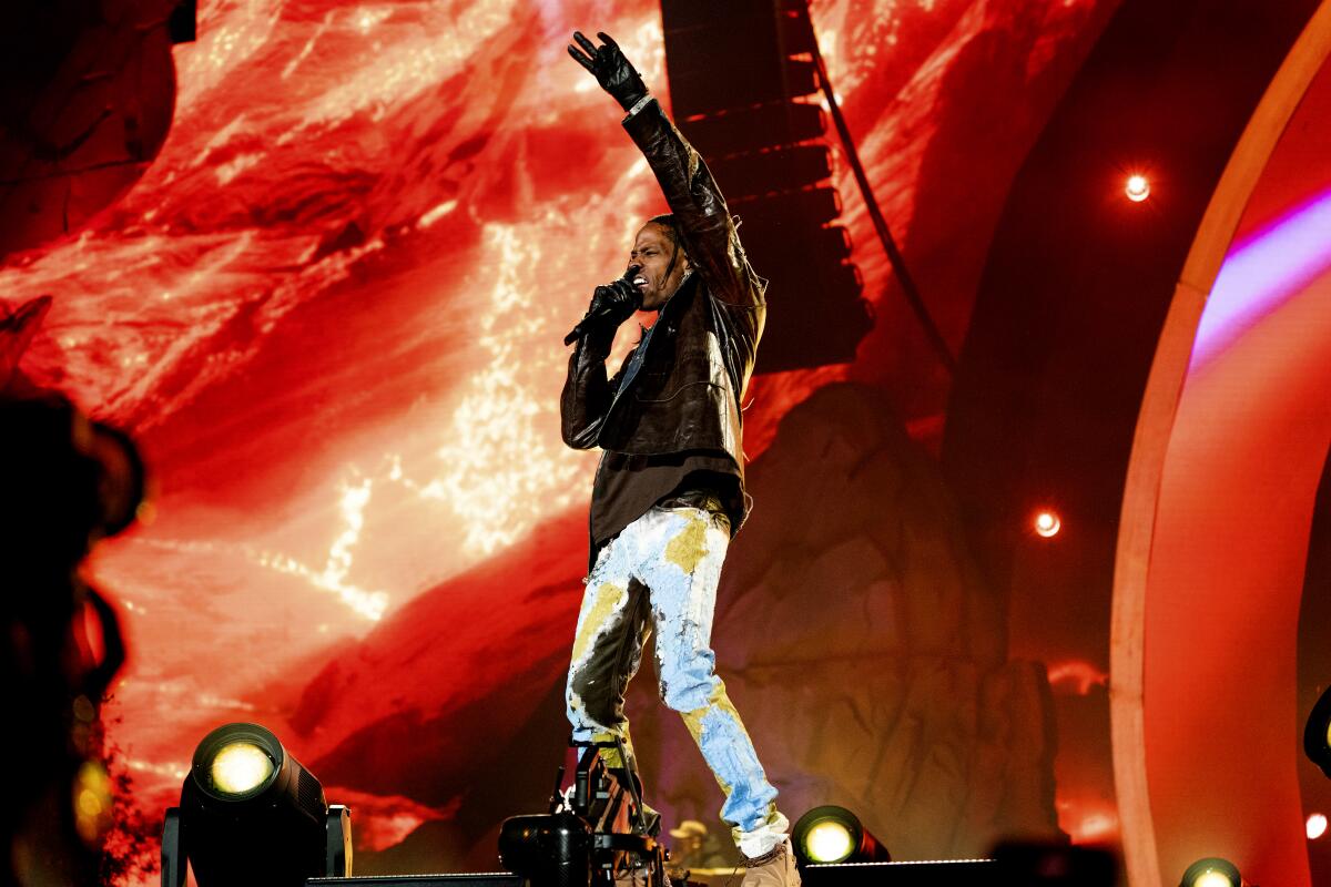 Travis Scott performs on day one of the Astroworld Festival at NRG Park in Houston on Friday.