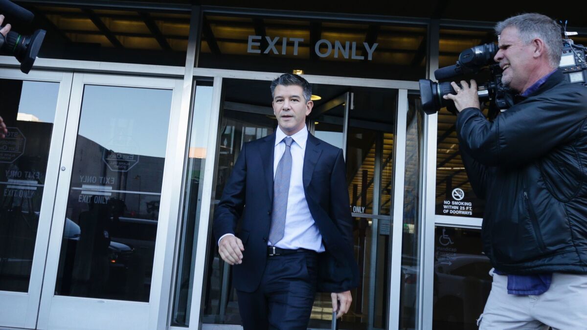 Former Uber CEO Travis Kalanick leaves the Philip Burton Federal Building in San Francisco after testifying on Feb. 6, the second day of the trial between Waymo and Uber Technologies.