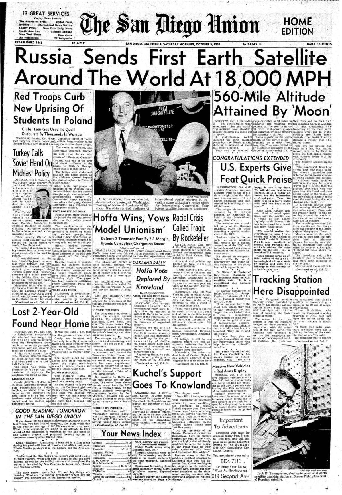 October 5, 1957: Soviets take early lead in space race - The San Diego  Union-Tribune
