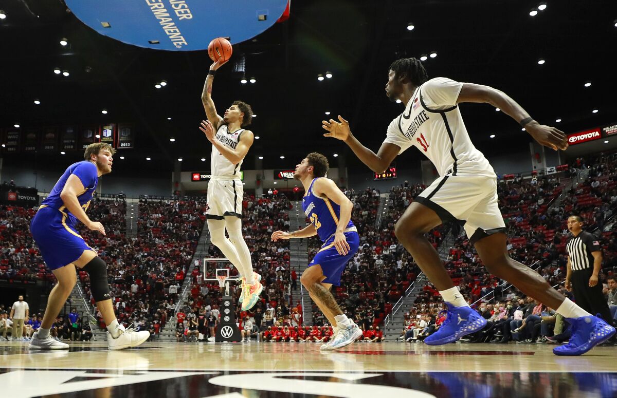 SDSU's Trey Pulliam shoot a floater in the lane against UC Riverside on Tuesday at Viejas Arena.