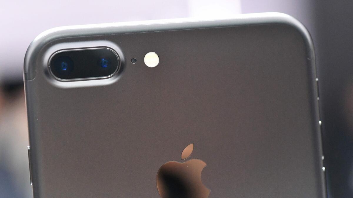 A closeup view of the iPhone 7 Plus' dual cameras — one with a wide-angle lens, another with a telephoto lens.