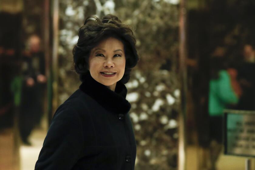 Former Labor Secretary Elaine Chao arrives at Trump Tower, Monday, Nov. 21, 2016 in New York, to meet with President-elect Donald Trump. (AP Photo/Carolyn Kaster)