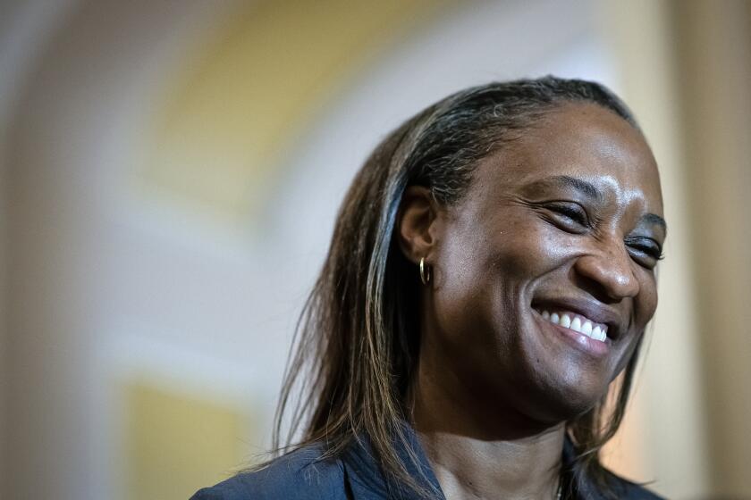 U.S. Sen. Laphonza Butler, a Democrat from California, smiles during the weekly Senate Democrat leadership press conference at the U.S. Capitol, in Washington, D.C., on Oct. 4, 2023. Photo by Graeme Sloan/Sipa USA, Reuters
