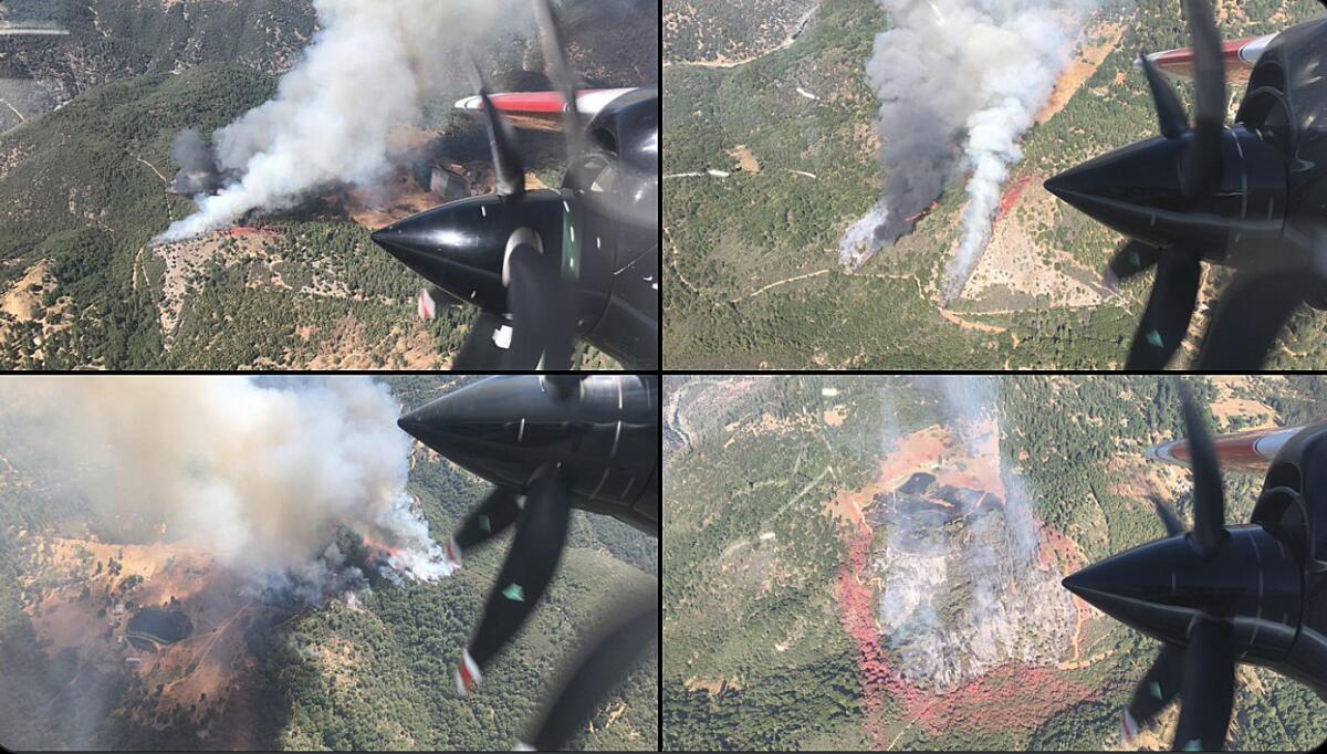 Four aerial images of a wildfire.