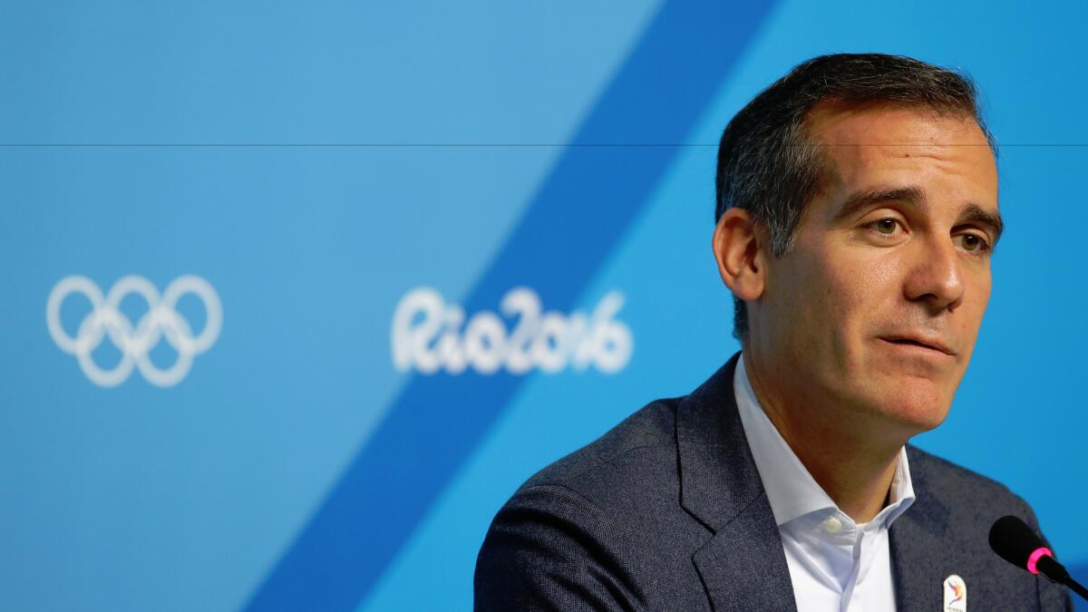 Eric Garcetti, LA mayor, speaks during a press conference on Day 4 of the Rio 2016 Olympic Games on August 9, 2016