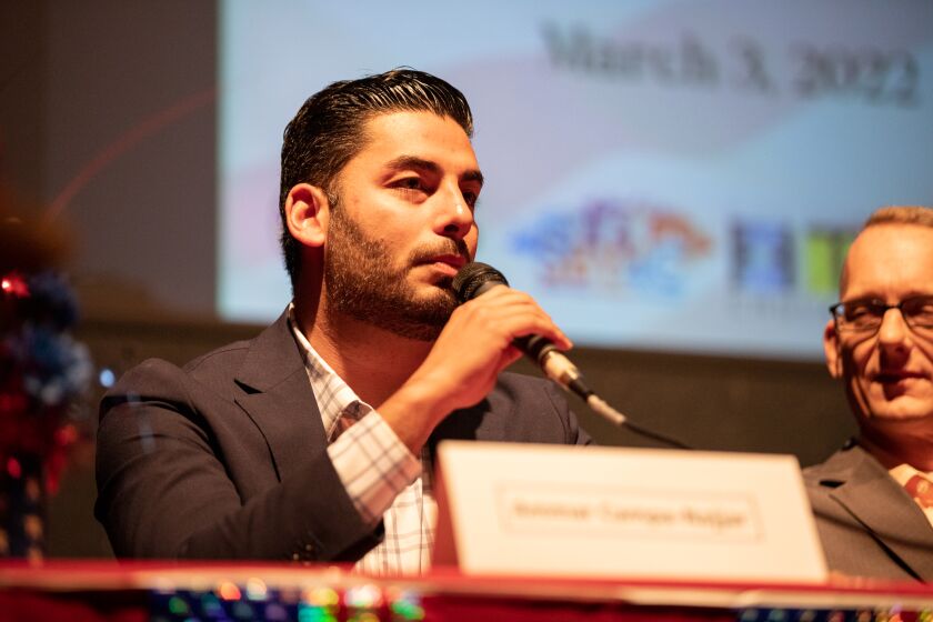 Former congressional candidate Ammar Campa-Najjar speaks during the mayoral candidate forum at the Chula Vista Presbyterian Church on Thursday, March 3, 2022.