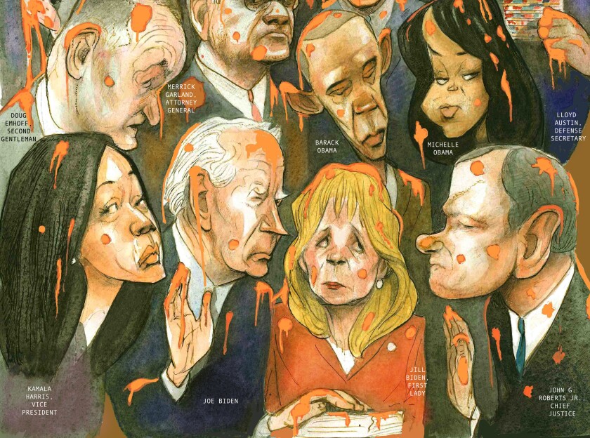 Graphic op-ed illustration depicting Joe Biden, Kamala Harris and Cabinet members drenched in slime on Inauguration Day.