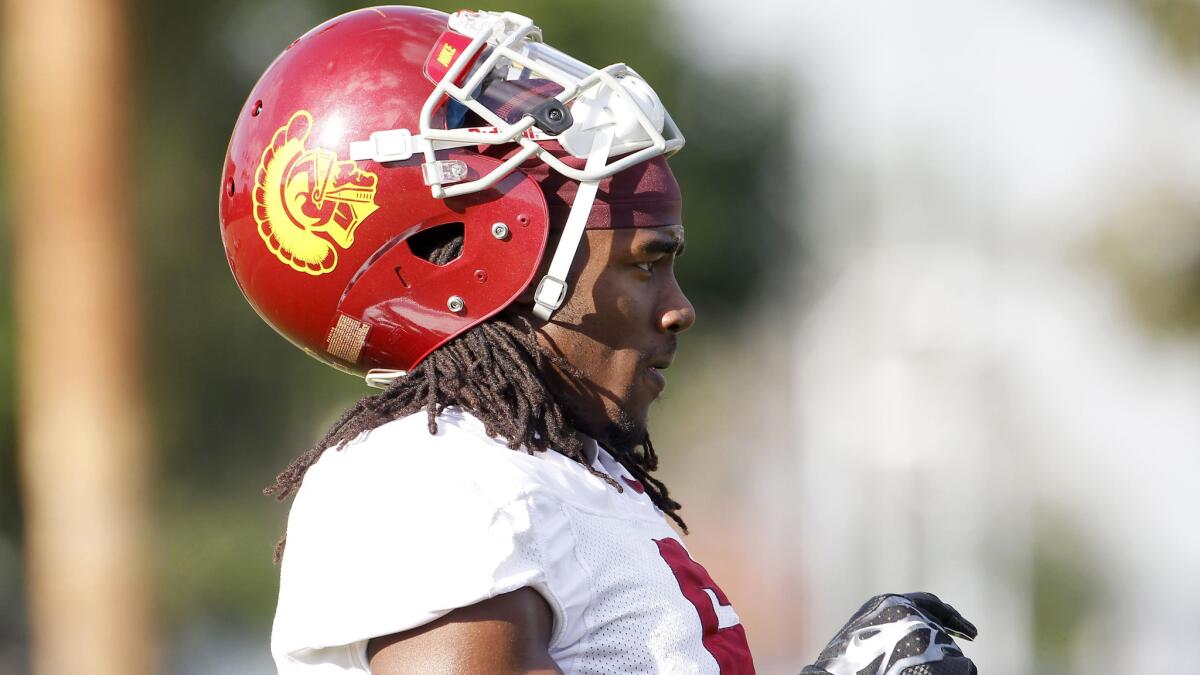 Cornerback Josh Shaw takes a breather during a USC practice this fall.