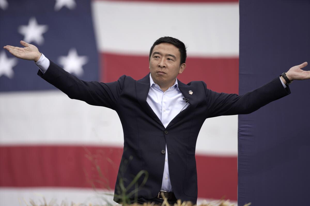 Democratic presidential candidate Andrew Yang speaks at the Polk County Democrats Steak Fry on Sept. 28 in Des Moines.