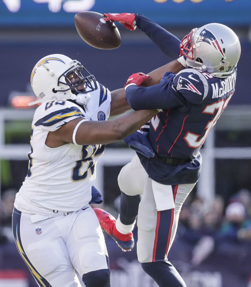 New England Patriots defensive back Devin McCourty knocks a pass away from Chargers tight end Antonio Gates during first half action in the NFL AFC Divisional Playoff at Gillette Stadium on Sunday.
