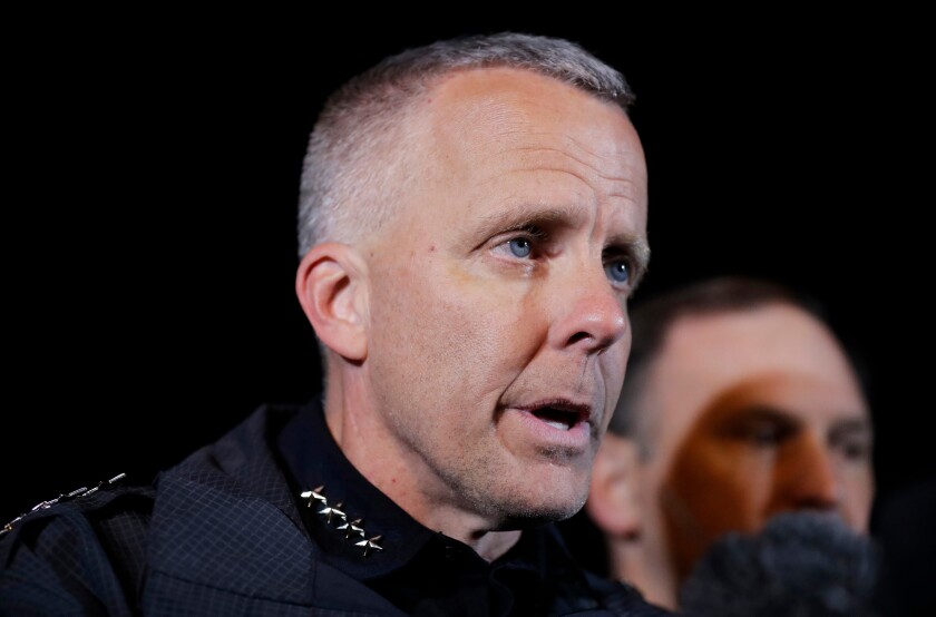 FILE - In this March 21, 2018 file photo, Austin Police Chief Brian Manley briefs the media in the Austin suburb of Round Rock, Texas. Austin officials said Friday, Feb. 12, 2021, that Manley is stepping down after leading the police force since May of 2018. (AP Photo/Eric Gay, File)