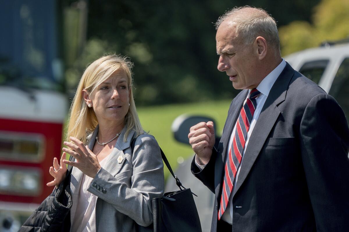 White House Chief of Staff John Kelly and Deputy Chief of Staff Kirstjen Nielsen pn the White House last year.
