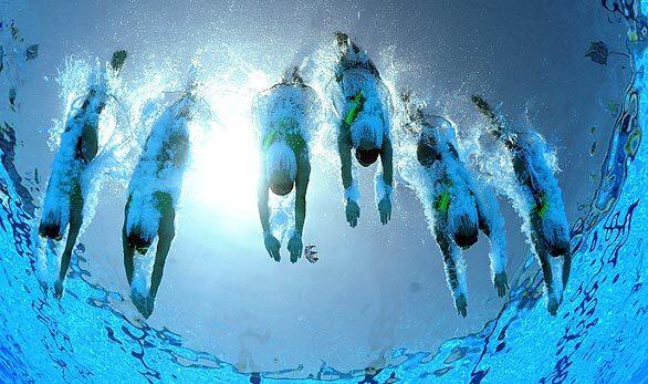 The Japanese team competes in a synchronized swimming final at the 13th FINA World Championships at Rome's Stadio Pietrangeli.