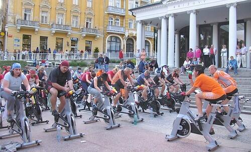 GOING NOWHERE, FAST: Western-style spa exercise and procedures, such as spinning  here in front of the Marienbad colonnade  laser treatments and hot stone massage, are creeping into the Czech Republic.