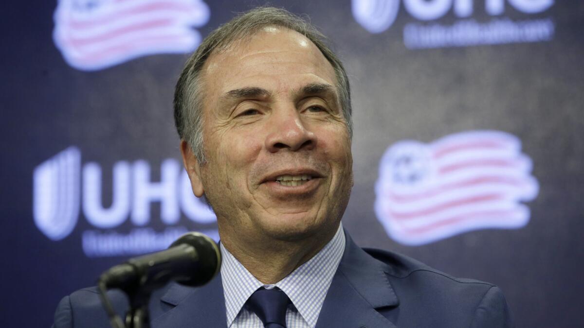 New England Revolution coach Bruce Arena at his introductory news conference on May 14.