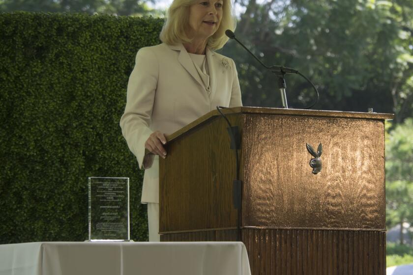 Christie Hefner speaks at the Hugh M. Hefner First Amendment Awards at the Playboy Mansion in Beverly Hills on Sept. 29, 2015.