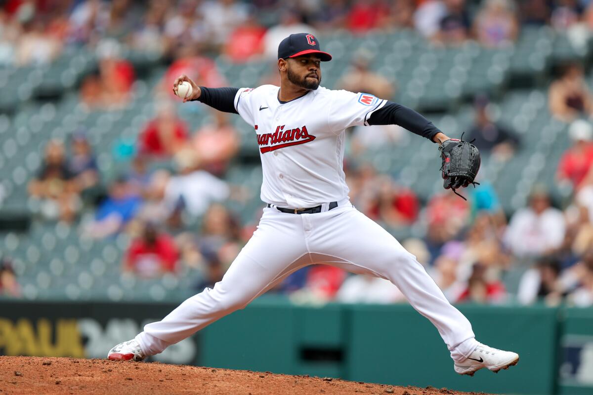 Cleveland Guardians relief pitcher Reynaldo Lopez delivers against the Minnesota Twins on Sept. 6.