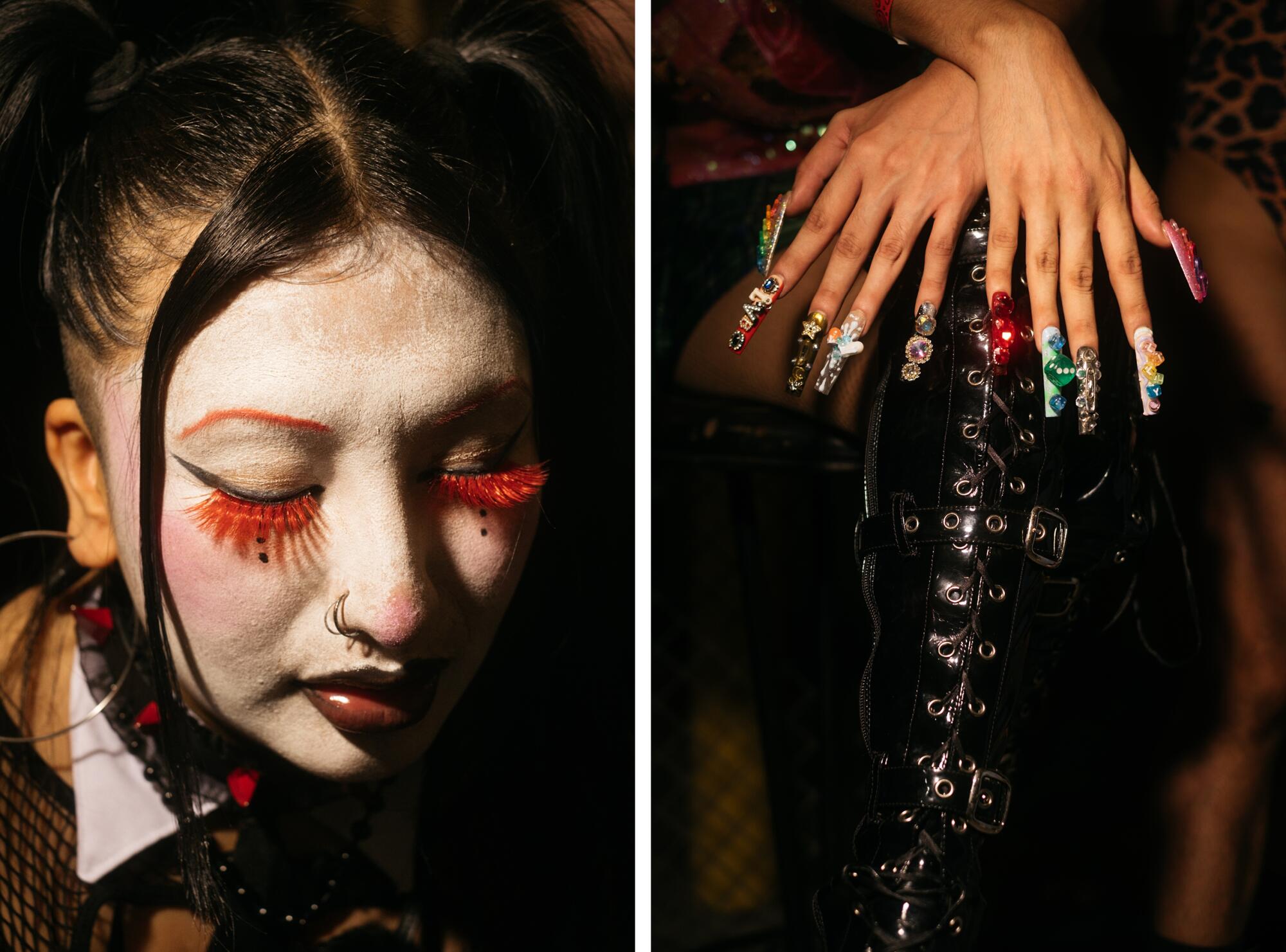 A person with white face makeup and red eyelashes, left, and two hands crossed, showing off stunning fingernails, right.