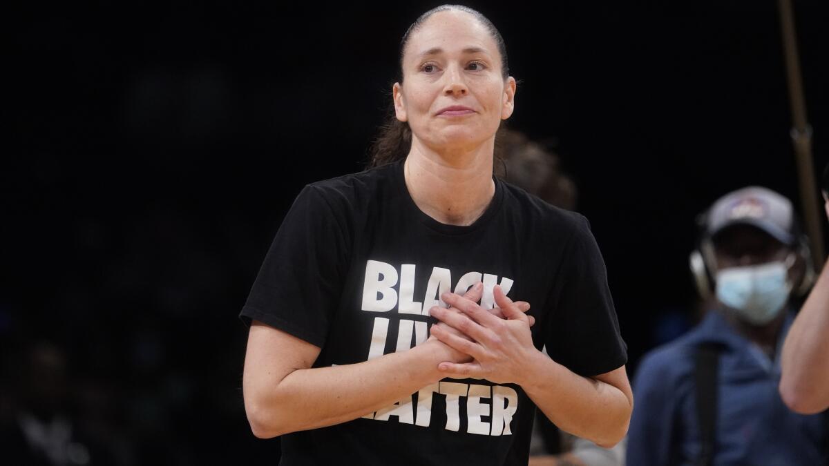 Seattle Storm guard Sue Bird before the start of a WNBA basketball game.