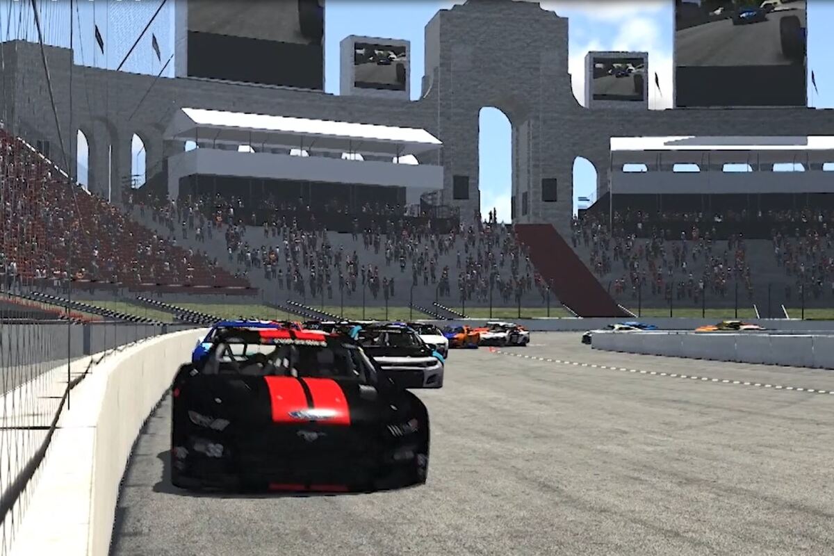 An iRacing simulation of NASCAR at the Coliseum.
