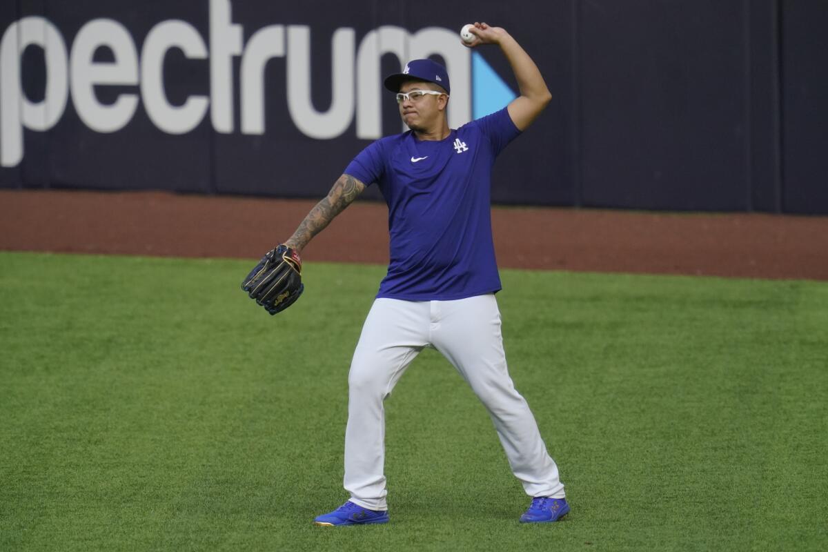 Dodgers pitcher Julio Urías throws before Game 1 of the World Series on Tuesday.