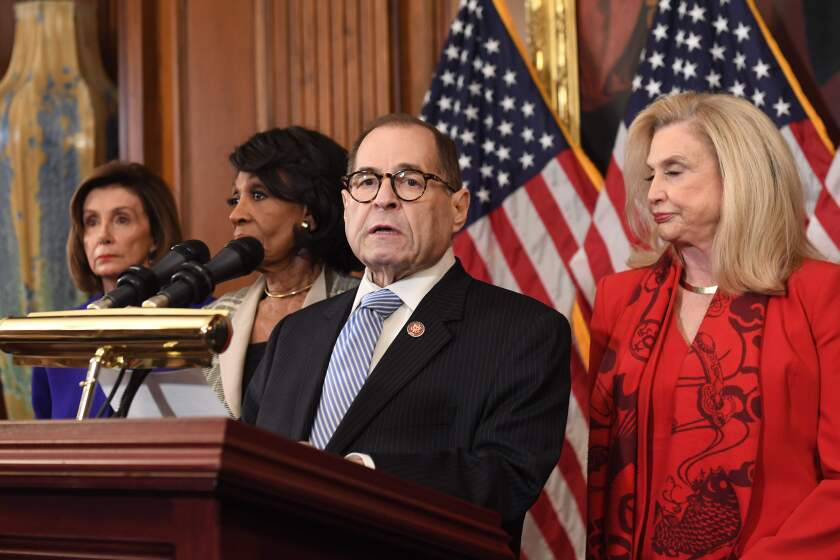 House Judiciary Chairman Jerry Nadler, Democrat of New York, House Permanent Select Committee on Intelligence speaks to announce articles of impeachment for US President Donald Trump during a press conference at the US Capitolin Washington, DC, December 10, 2019. (Photo by SAUL LOEB / AFP) (Photo by SAUL LOEB/AFP via Getty Images) ** OUTS - ELSENT, FPG, CM - OUTS * NM, PH, VA if sourced by CT, LA or MoD **