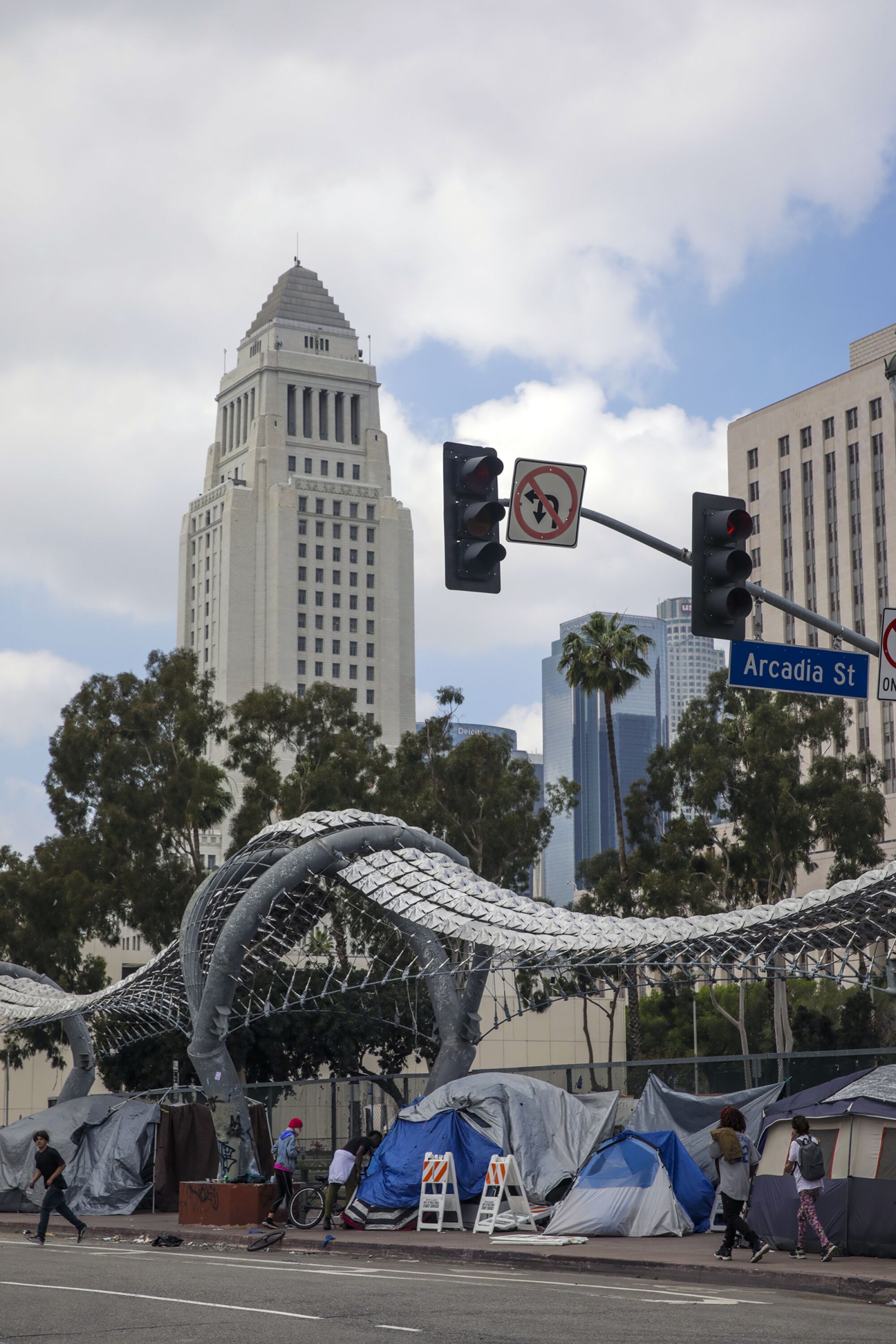 Homeless encampment in the shadow of city hall in downtown Los Angeles