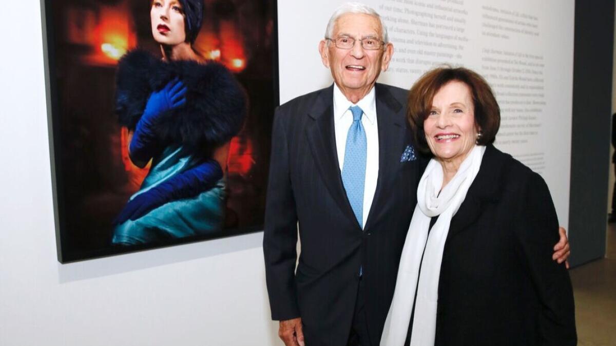 Eli and Edythe Broad attend a preview night at the Broad museum in Los Angeles for the new exhibit of artist Cindy Sherman's work.