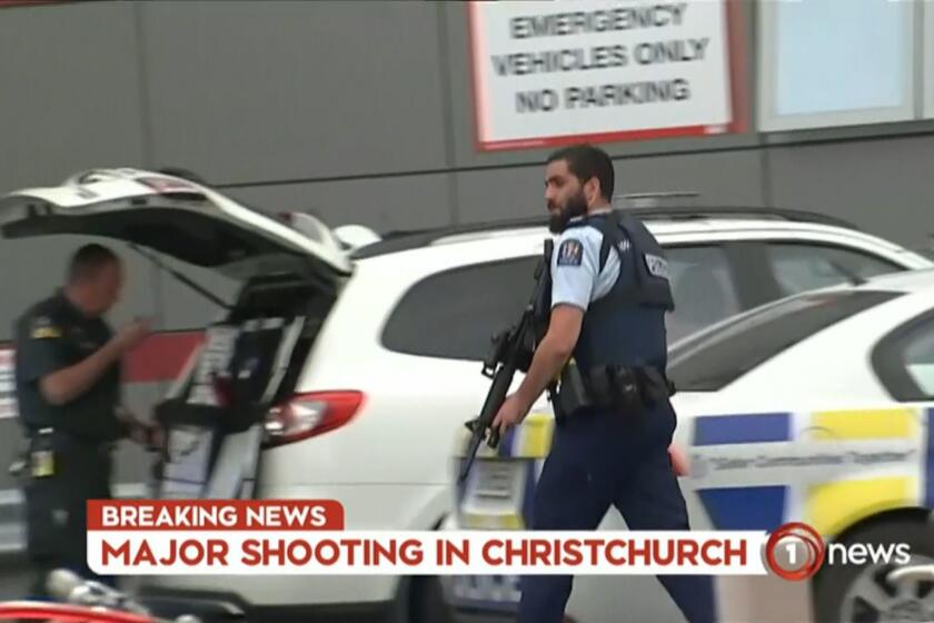 An image grab from TV New Zealand taken on March 15, 2019 shows an armed police officer at a hospital following the mosque shooting in Christchurch. - At least one gunman who targeted crowded mosques in the New Zealand city of Christchurch killed a number of people, police said, with Prime Minister Jacinda Ardern describing the shooting as "one of New Zealand's darkest days". (Photo by Laurent FIEVET / TV New Zealand / AFP) / New Zealand OUT / XGTY----EDITORS NOTE ----RESTRICTED TO EDITORIAL USE MANDATORY CREDIT " AFP PHOTO / TV New Zealand / NO MARKETING NO ADVERTISING CAMPAIGNS - DISTRIBUTED AS A SERVICE TO CLIENTS- NO ARCHIVELAURENT FIEVET/AFP/Getty Images ** OUTS - ELSENT, FPG, CM - OUTS * NM, PH, VA if sourced by CT, LA or MoD **