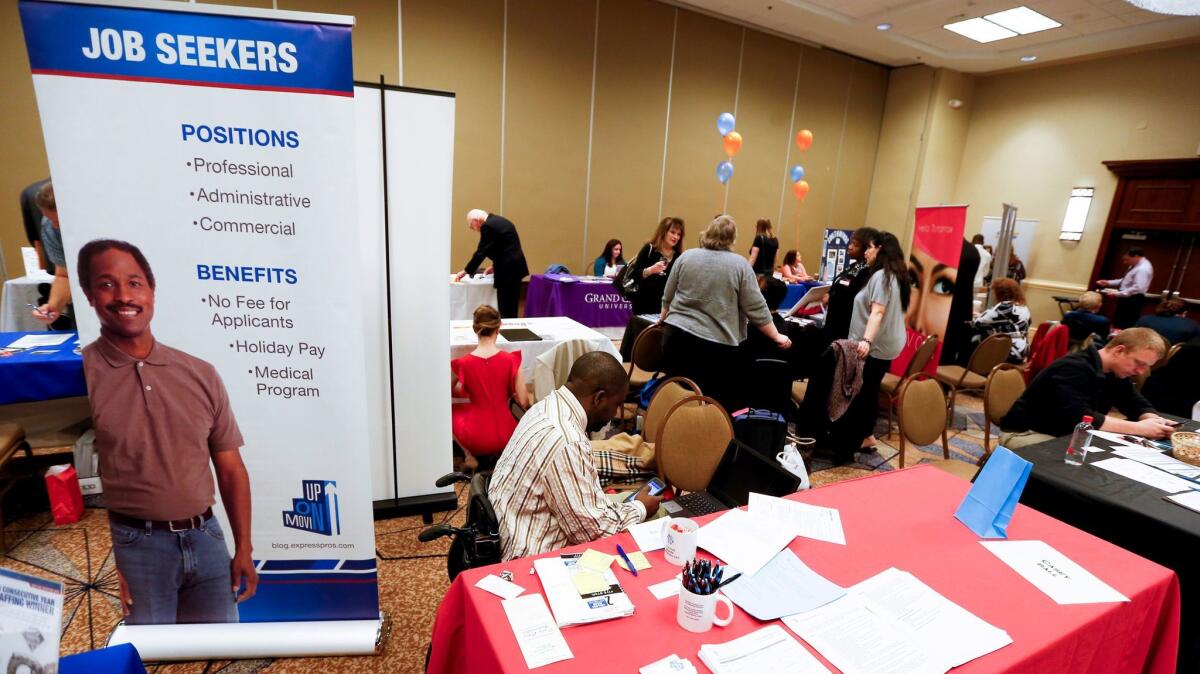 A recruiter's booth at a job fair in Pittsburgh in 2016.