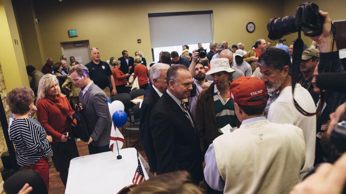 Republican Senate candidate Roy Moore at a Veterans Day event in Vestavia, Ala. on Saturday where he defended himself against accusations of sexual misconduct with underage girls when he was in his 30s.