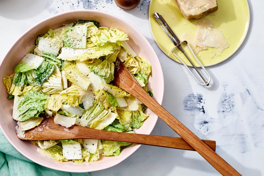 LOS ANGELES - THURSDAY, July 25, 2019: Napa Cabbage Caesar Salad. Food Stylist by Genevieve Ko / Julie Giuffrida and propped by Nidia Cueva at Proplink Tabletop Studio in downtown Los Angeles on Thursday, July 25, 2019. (Leslie Grow / For the Times)