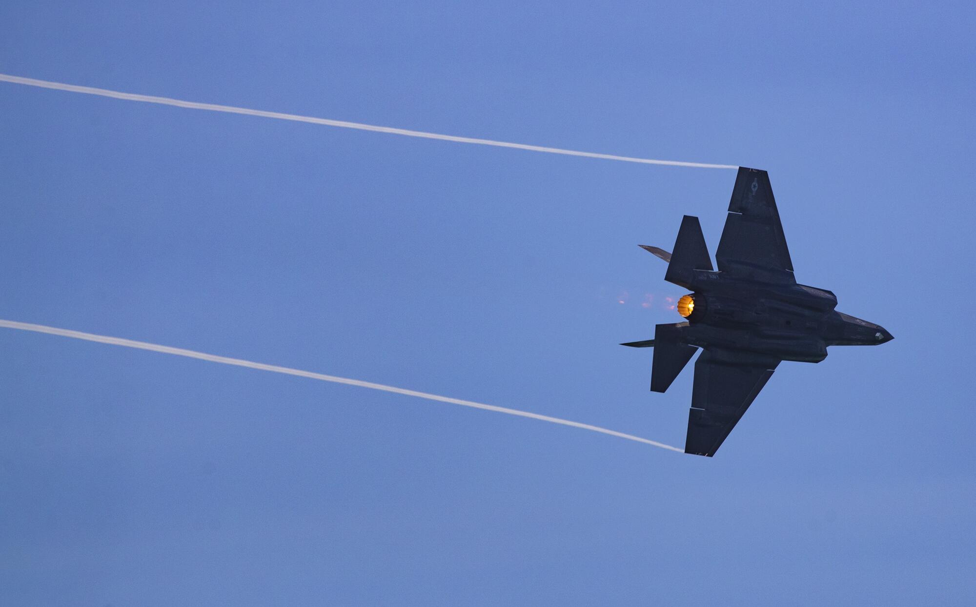 U.S. Air Force F-35 streaks over the ocean